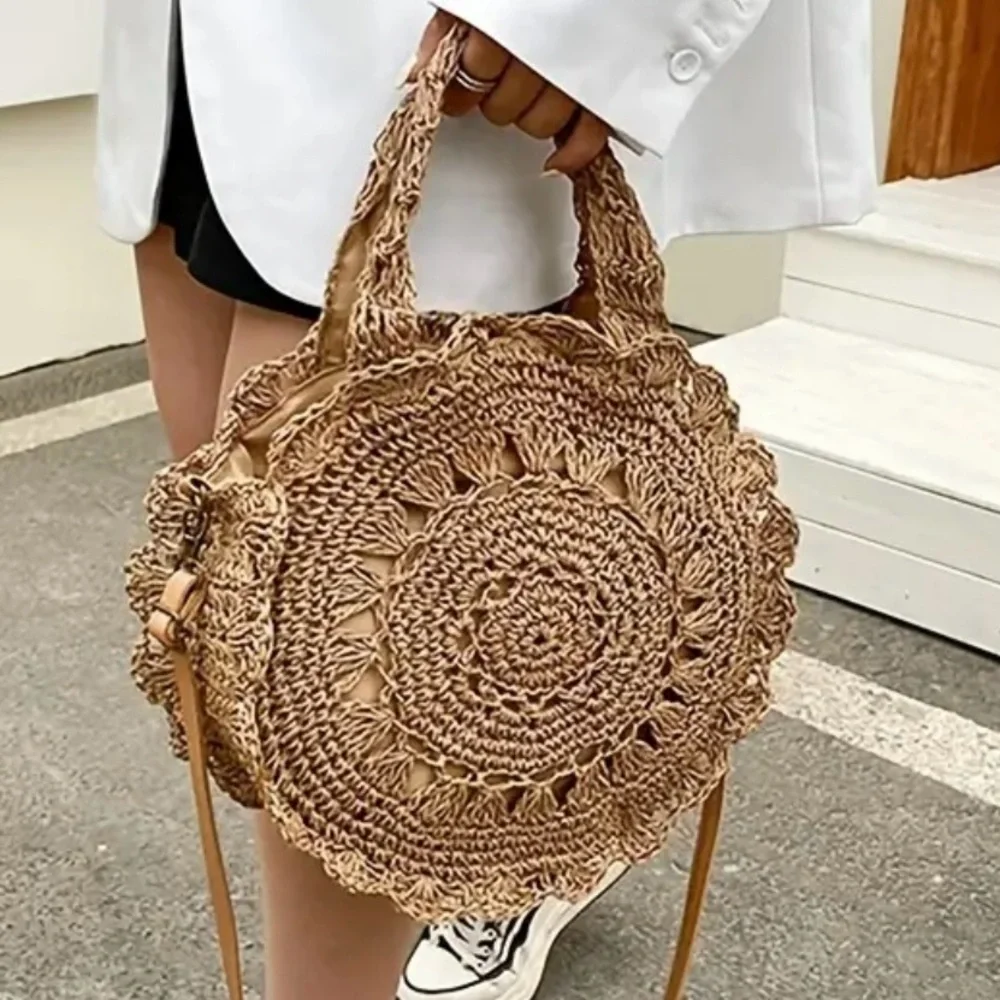 Round Woven Crochet Tote Bag with Crossbody Strap – Boho Chic Style